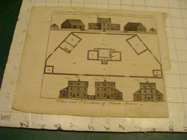 Original Engraving:1700's or 1800's  - PLAN & ELEVATIONS of FARM - houses 