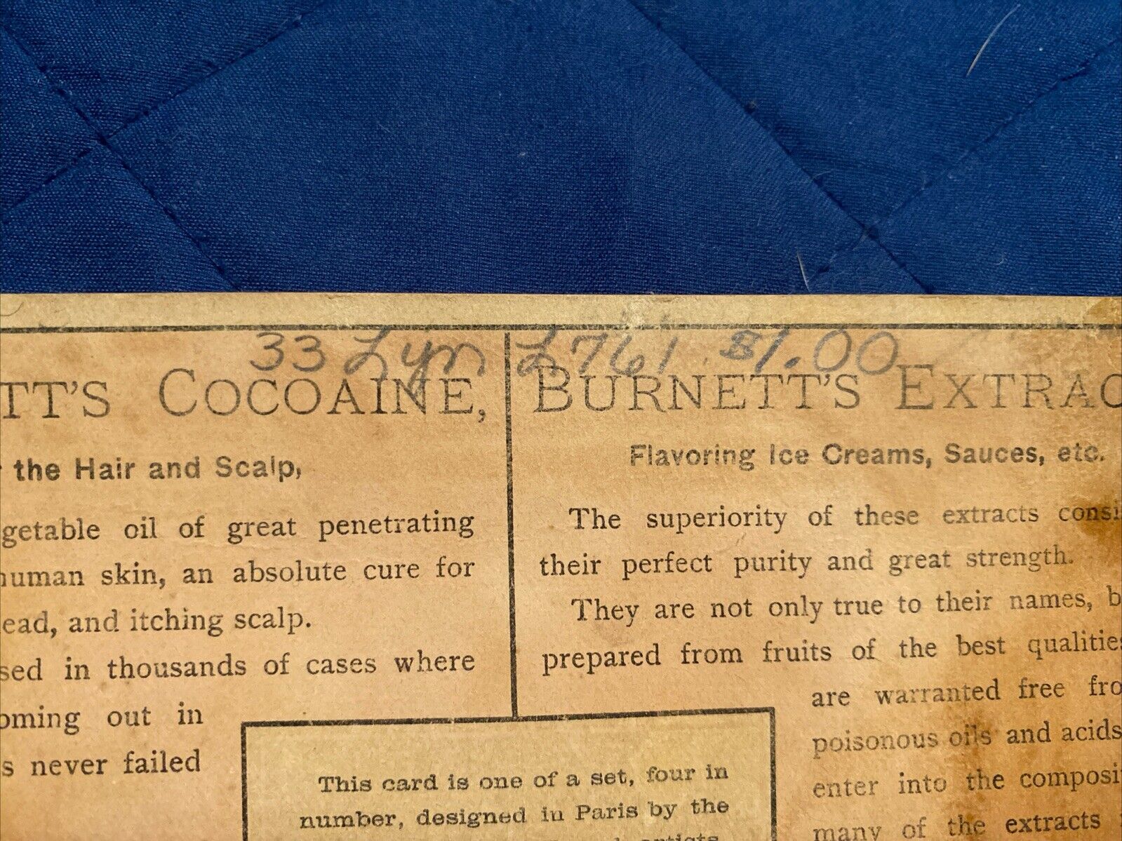 Antique 1800s Burnett’s Cologne Water Trade Card (Cocoaine, Extracts, Kalliston)