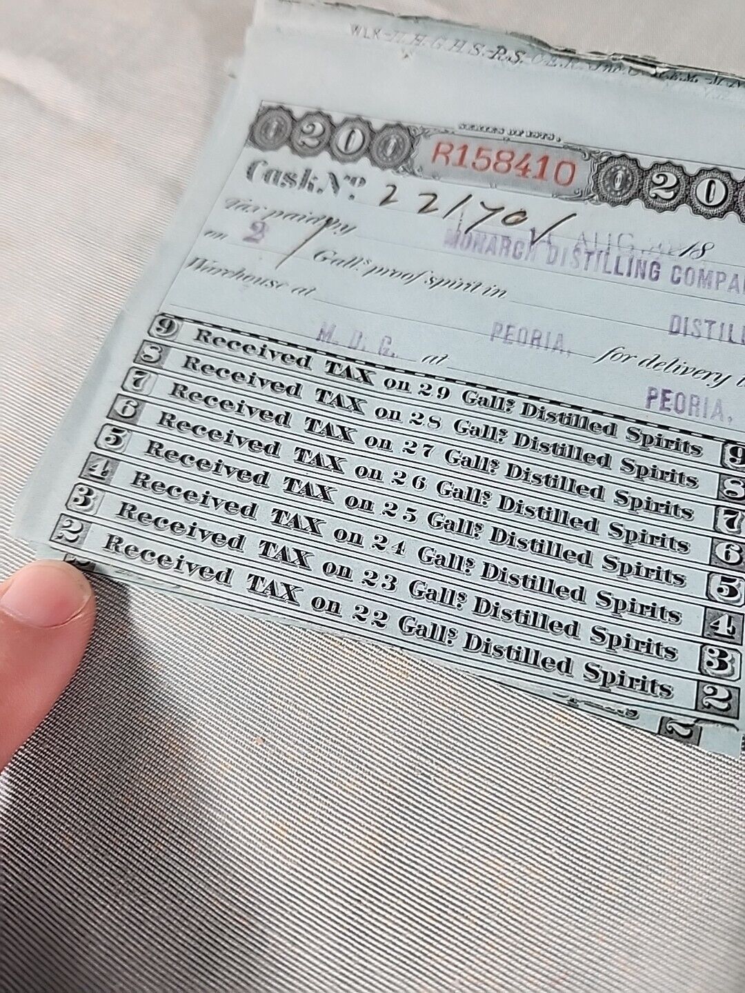 Antique Ephemera 1800s TAX RECEIPT For Purchase Of Distilled Spirits Peoria  Lot