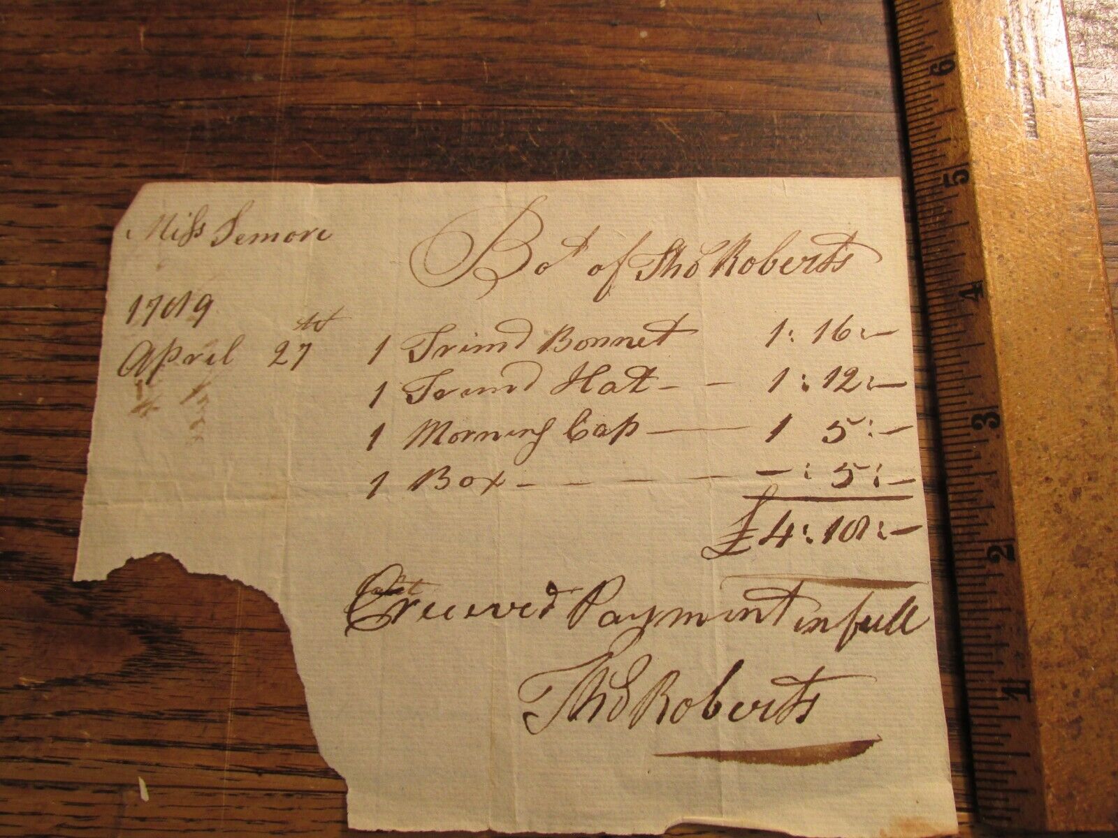 Antique Ephemera 1700s Receipt Document Thomas Roberts Sale of Bonnet Hat Cap