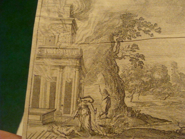 Original Engraving:1700's or 1800's - BATTLE w Bull, Fire, etc - damaged mounted