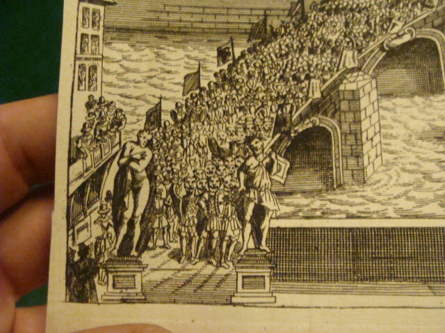 Original Engraving: 1700's or 1800's - bridge filled with people; God in Water
