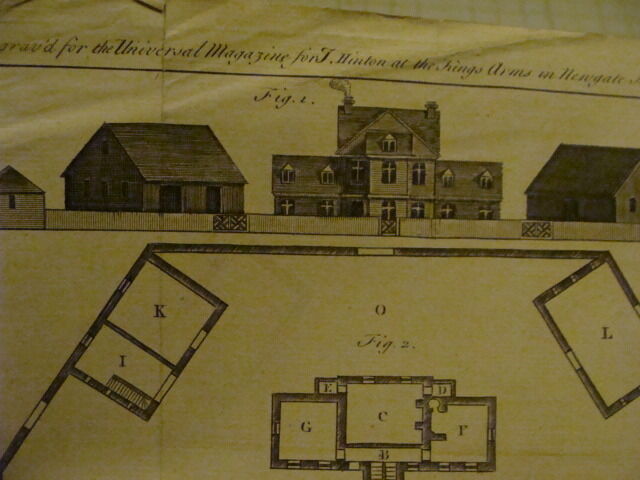 Original Engraving:1700's or 1800's  - PLAN & ELEVATIONS of FARM - houses 