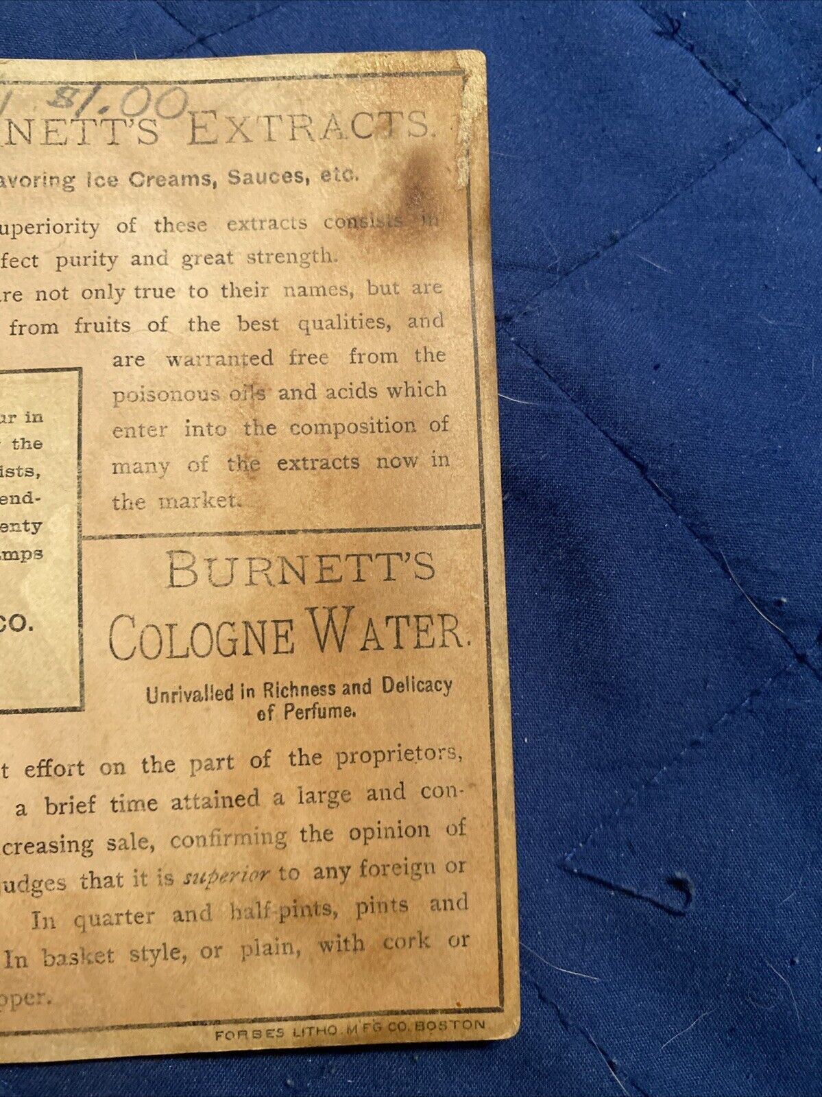 Antique 1800s Burnett’s Cologne Water Trade Card (Cocoaine, Extracts, Kalliston)