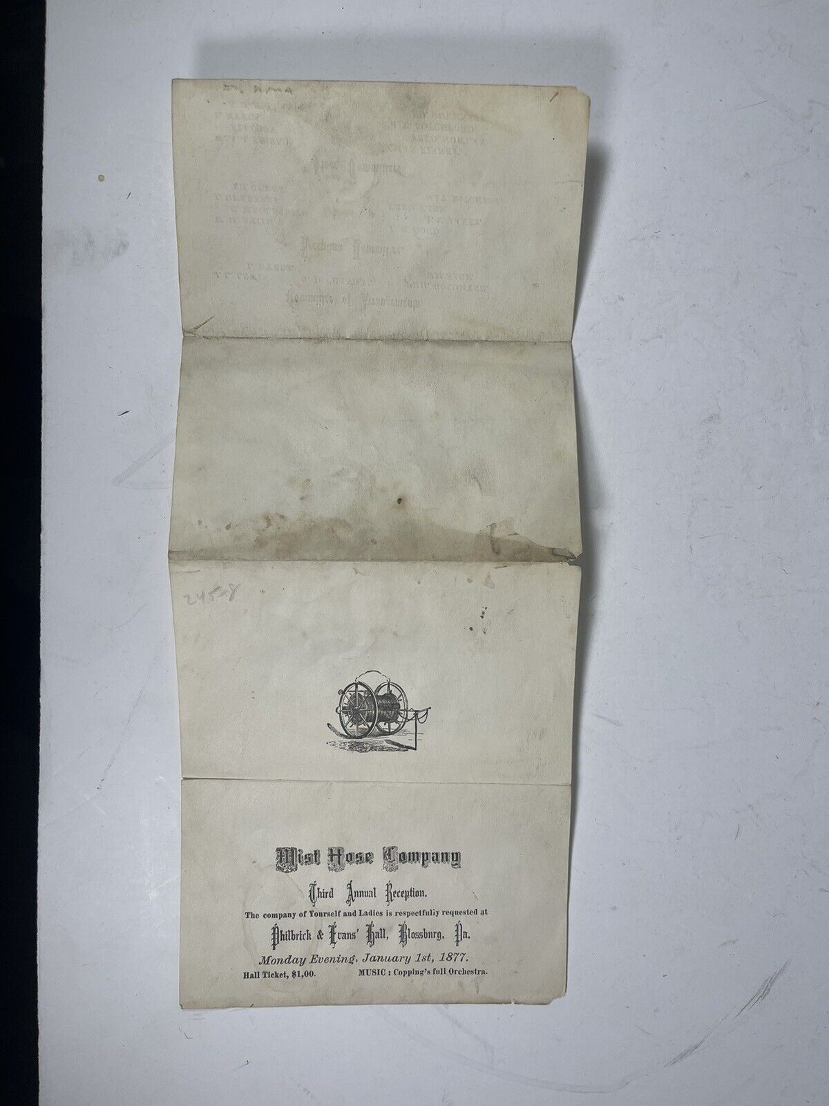 Antique Firefighter 1800s Ephemera Mist Hose Company 1877 Reception Invitation