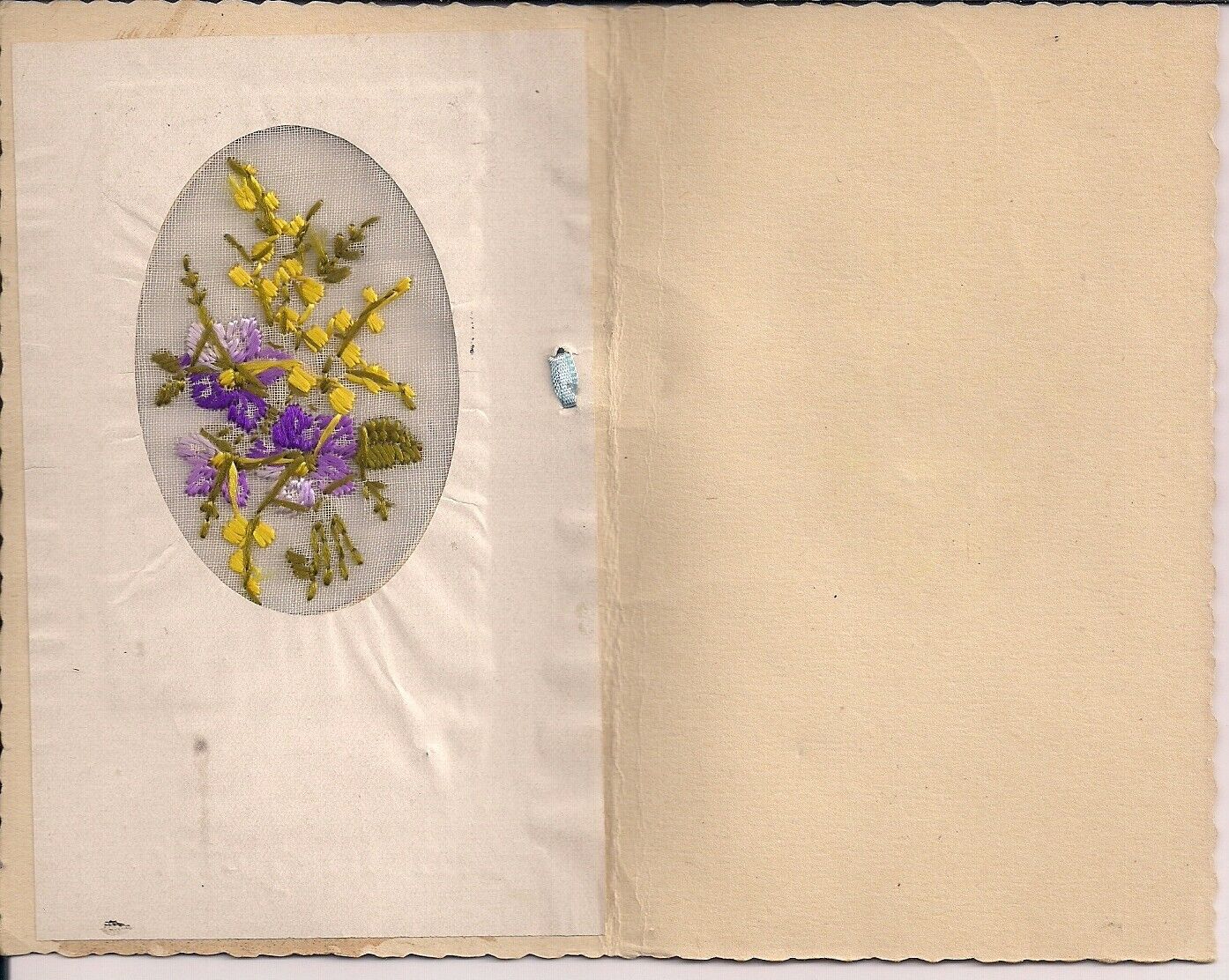 Embroidered Greeting Card, Flowers, Silk, Ribbon, Germany "Forget Me Not" 1900's