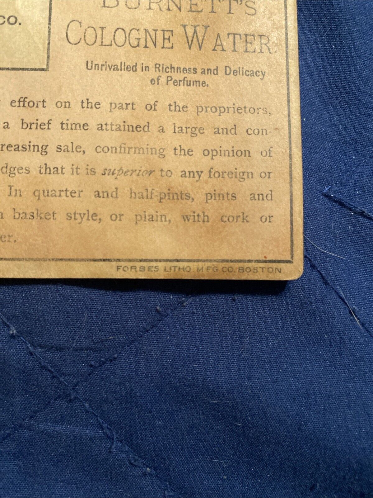 Antique 1800s Burnett’s Cologne Water Trade Card (Cocoaine, Extracts, Kalliston)