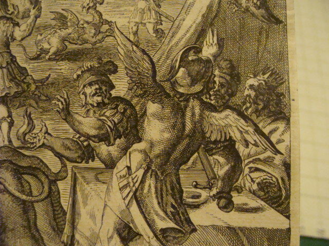 Original Engraving:1700's or 1800's - BATTLE w Bull, Fire, etc - damaged mounted