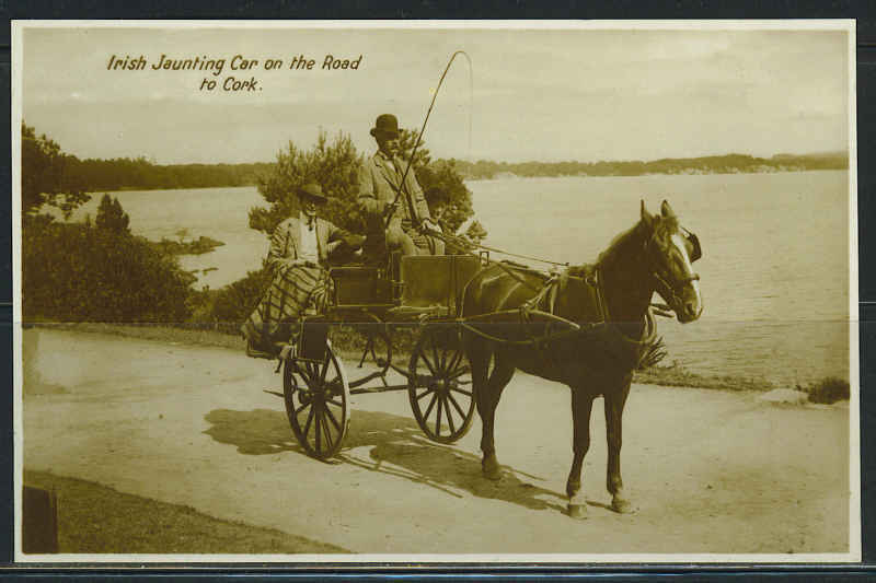 IRELAND 1900's 4 PHOTO CARDS OF JAUNTING CAR ON ROAD TO CORK,TURF CUTTING IN CON