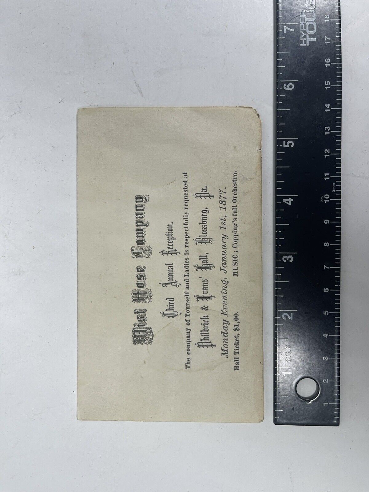 Antique Firefighter 1800s Ephemera Mist Hose Company 1877 Reception Invitation