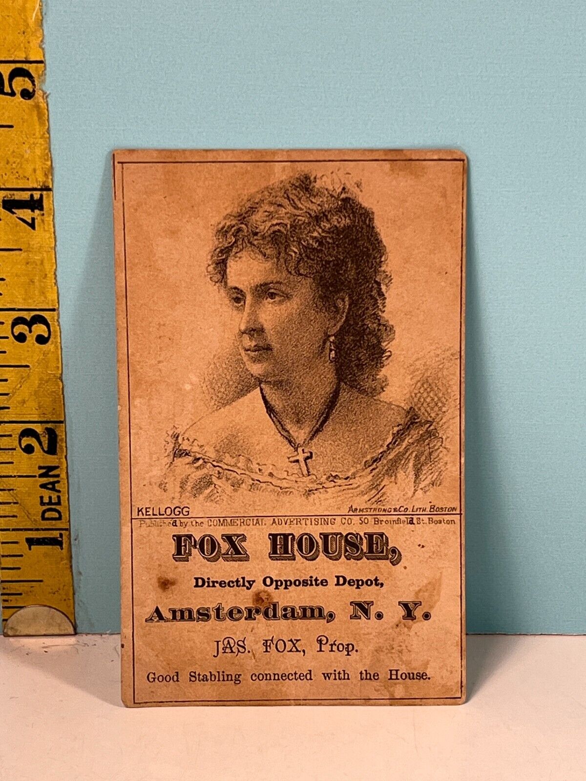 1800's Jas Fox Prop House Fox house bible verse in back trade card.