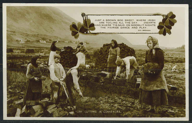 IRELAND 1900's 4 PHOTO CARDS OF JAUNTING CAR ON ROAD TO CORK,TURF CUTTING IN CON