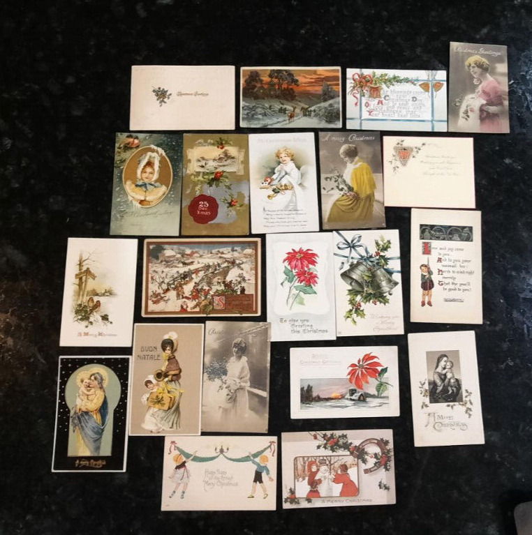 21 Vintage Christmas Greeting Cards - Postcard Style - Signed - Early 1900's