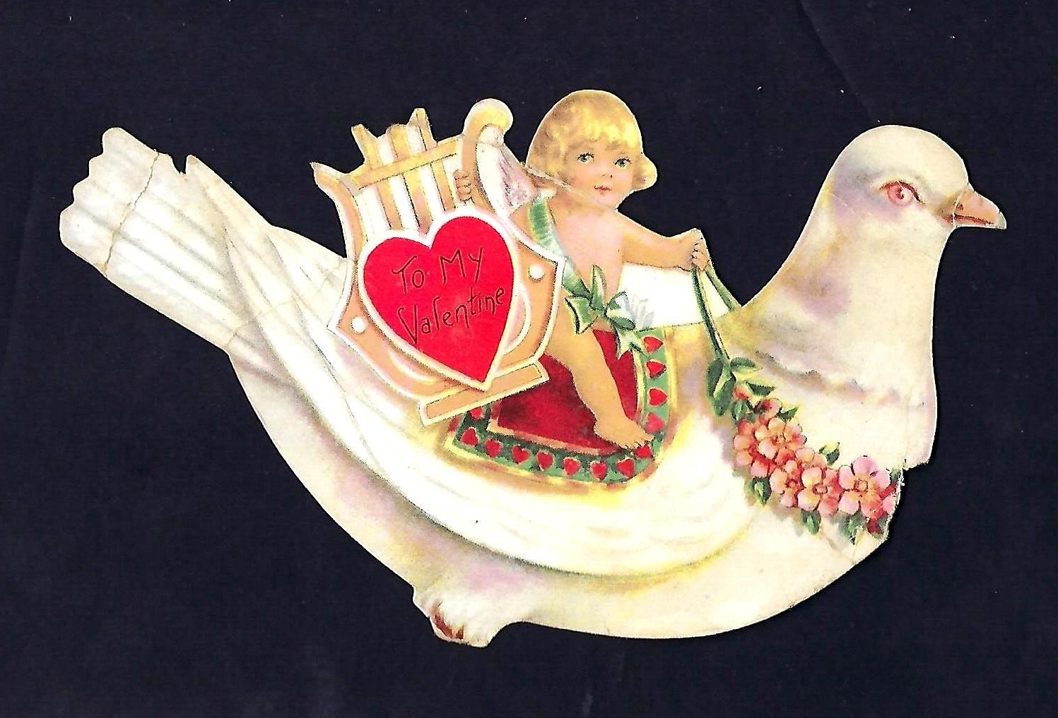 Early 1900's Valentine's Card Die-Cut Chureb Riding a White Dove, Heart & Harp