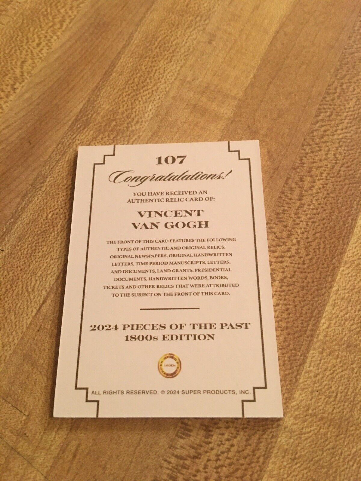 2024 PIECES OF THE PAST 1800s EDITION VINCENT VAN GOGH HANDWRITTEN RELIC CARD