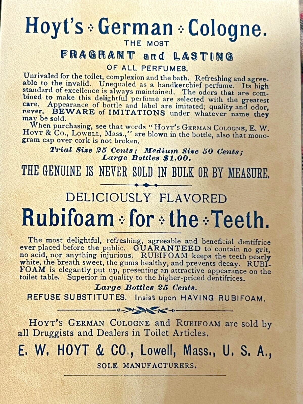 1800's Hoyts German Cologne & Rubiform for teeth Trade Card, Lowell, Mass