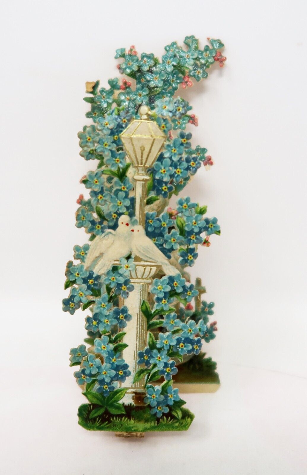 Early 1900's Fold Down-Die-Cut Valentine Card, Doves, Lamp Post, Flowers