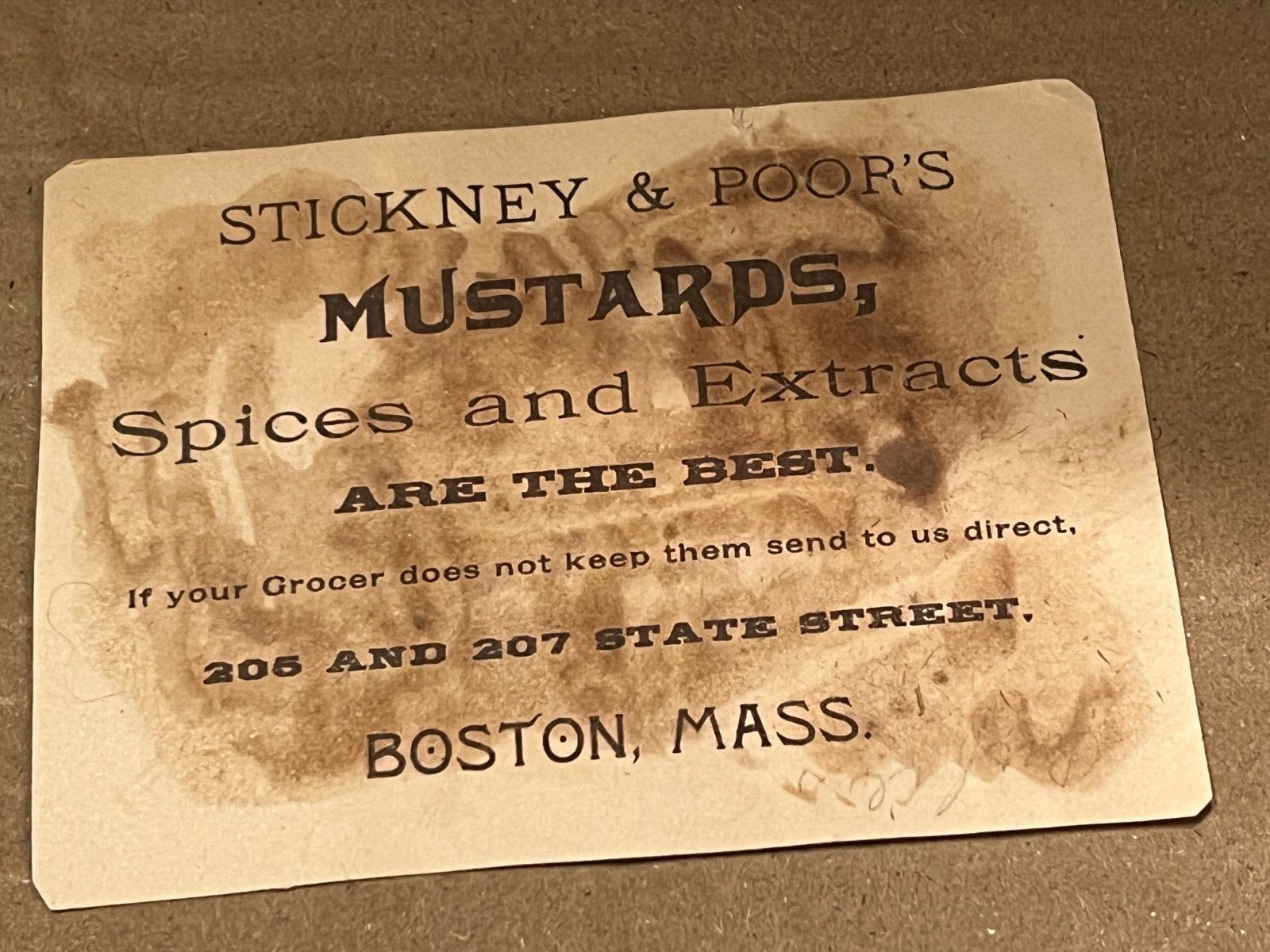 1800's Stickney's and Poor's Mustards, Spices & Extracts Trade Card.