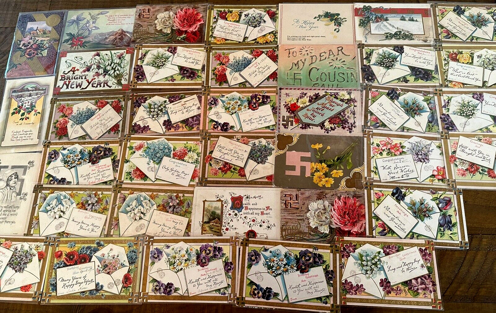 Big Estate Lot of 37~ Antique~Good Luck Swastika~Greetings Postcards-1900's-h600