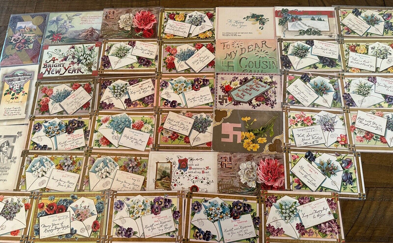 Big Estate Lot of 37~ Antique~Good Luck Swastika~Greetings Postcards-1900's-h600