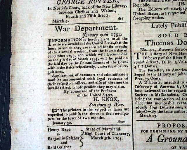 18th Century PHILADELPHIA PA Pennsylvania as Nation's Capital Era 1794 Newspaper