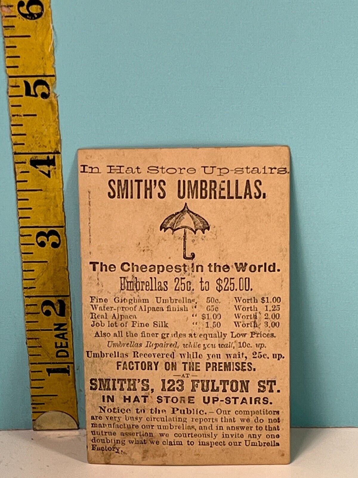 1800's Smith's Umbrella Factory on Premises Cheapest in the world Trade Card.