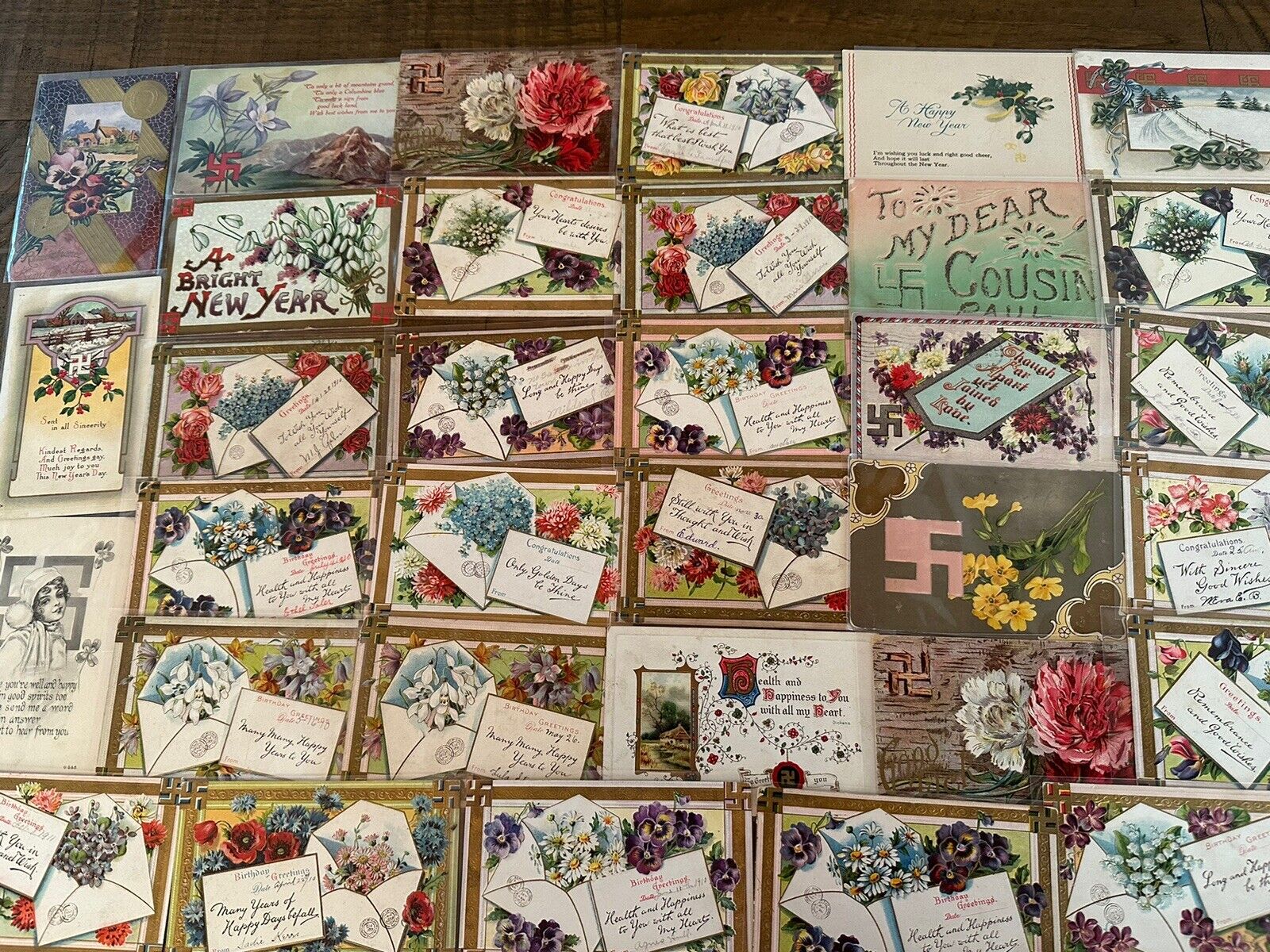 Big Estate Lot of 37~ Antique~Good Luck Swastika~Greetings Postcards-1900's-h600
