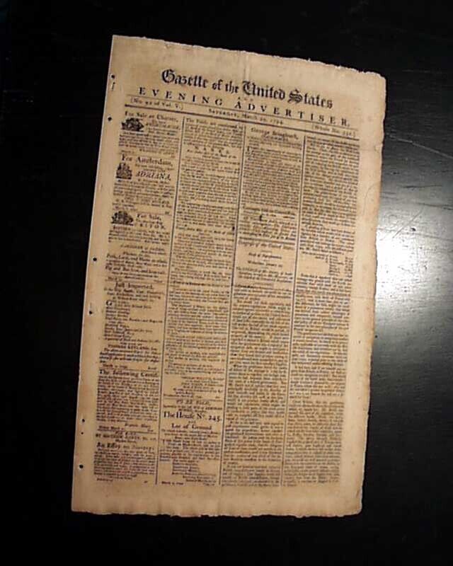 18th Century PHILADELPHIA PA Pennsylvania as Nation's Capital Era 1794 Newspaper