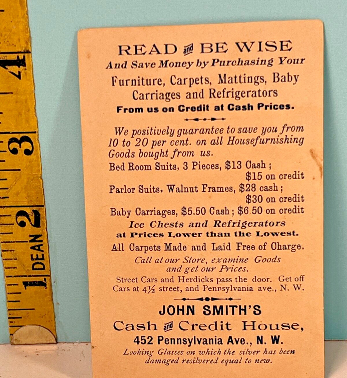 1800's John Smith's Cash and Credit House Furniture, Carpet, etc Trade Card.