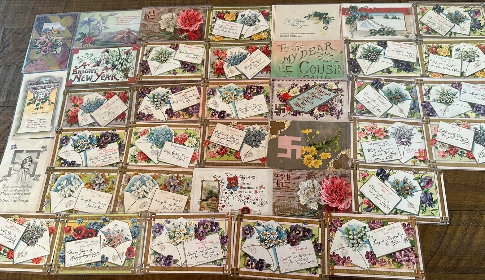 Big Estate Lot of 37~ Antique~Good Luck Swastika~Greetings Postcards-1900's-h600