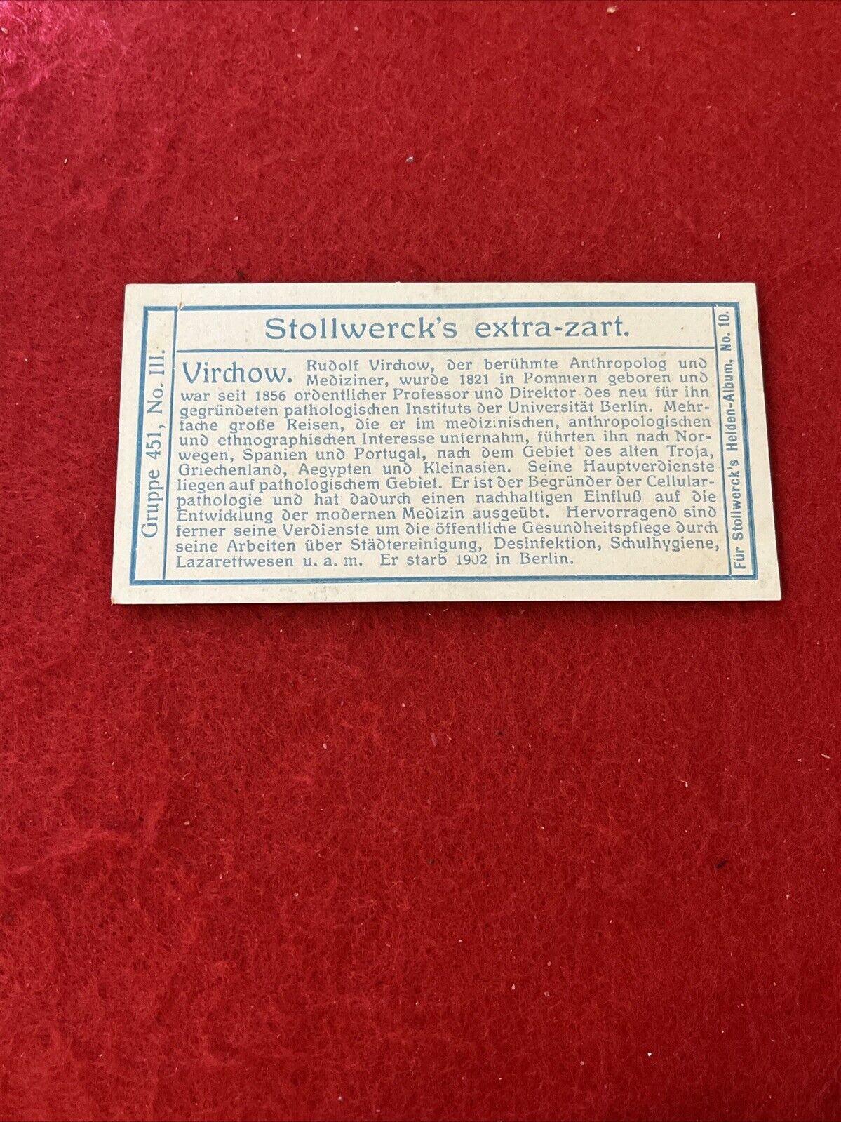 1800s Era Stollwerck RUDOLF VIRCHOW (German - Pathology) Trade Card No. 111 G