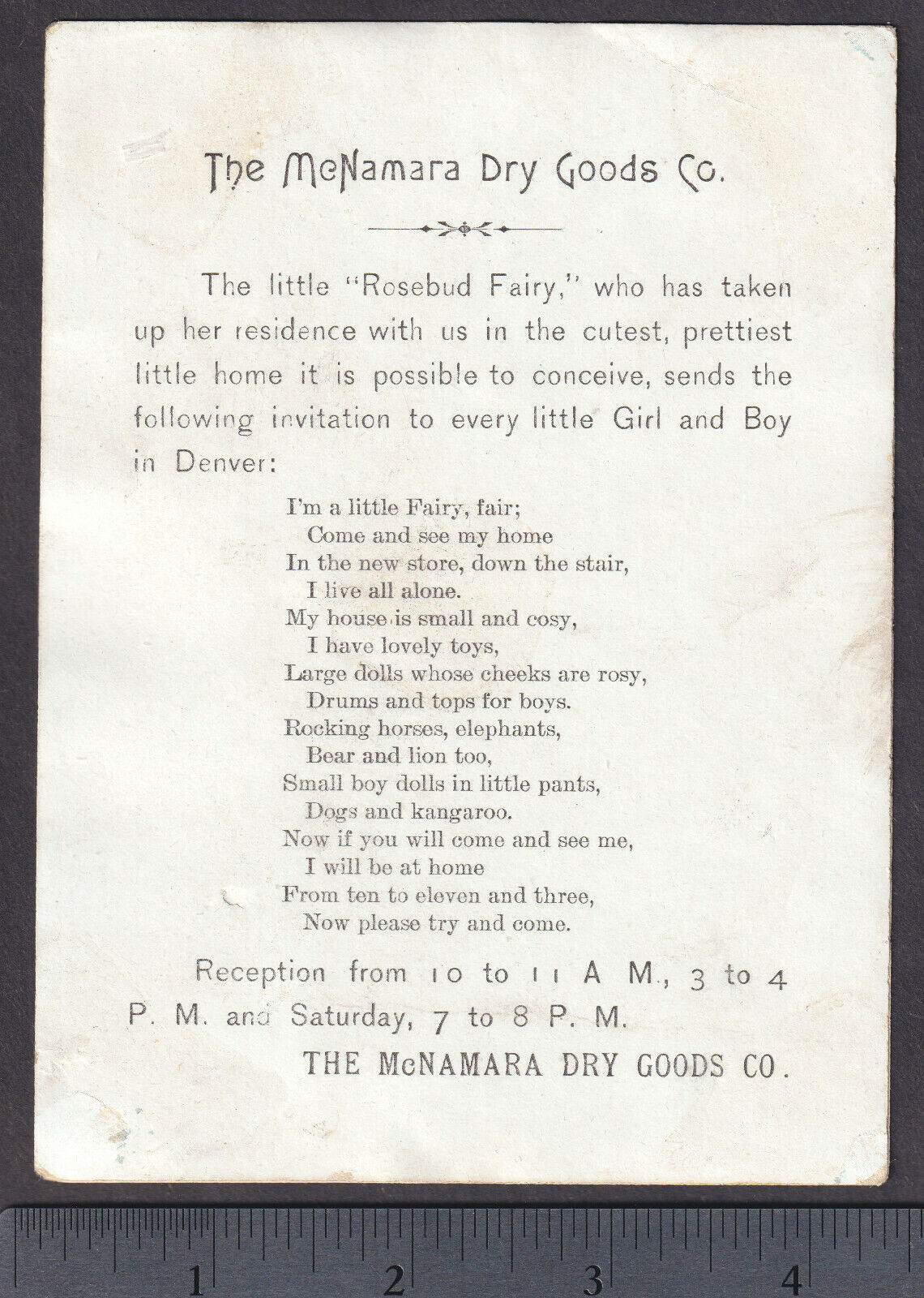 Denver McNamara Dry Goods Store 1800s Rosebud Fairy poem Colorado Victorian Card