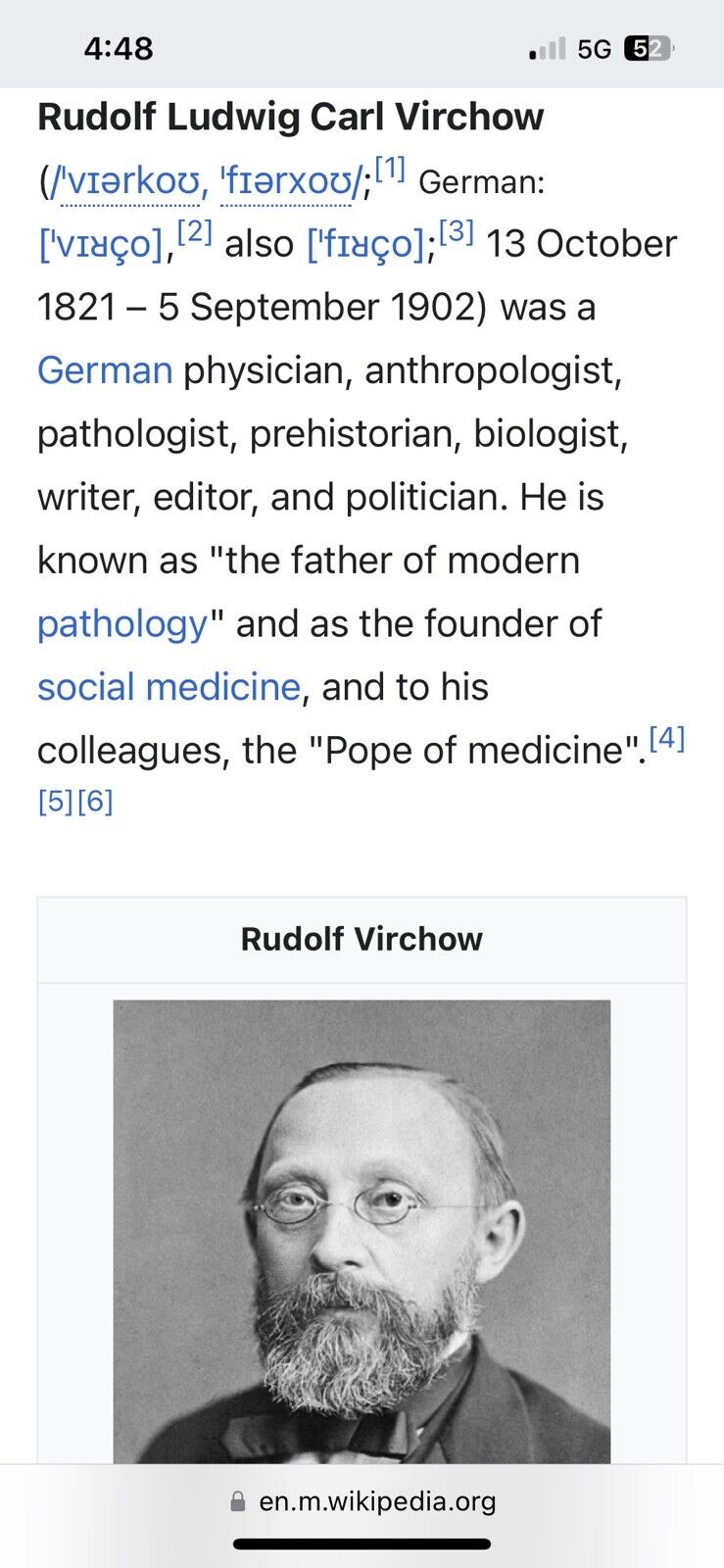 1800s Era Stollwerck RUDOLF VIRCHOW (German - Pathology) Trade Card No. 111 G