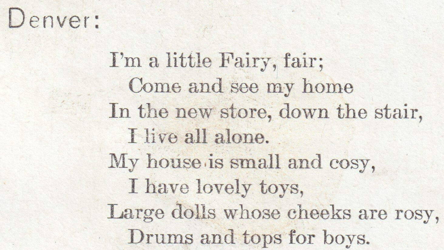 Denver McNamara Dry Goods Store 1800s Rosebud Fairy poem Colorado Victorian Card