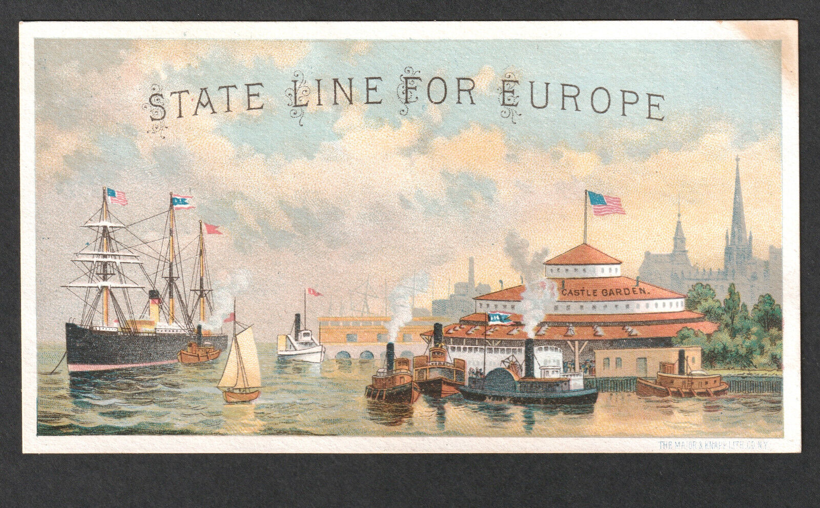 State Line Ship 1800's New York Harbor Castle Garden Steamship Advertising Card