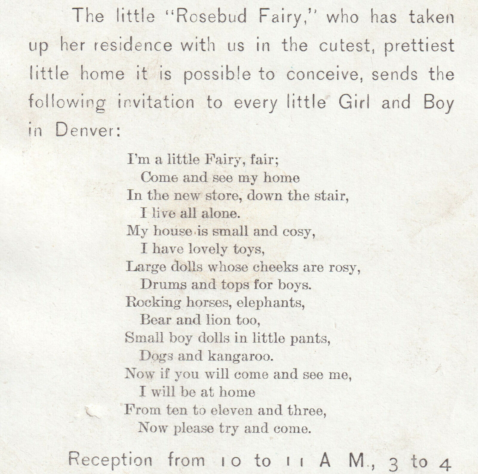 Denver McNamara Dry Goods Store 1800s Rosebud Fairy poem Colorado Victorian Card