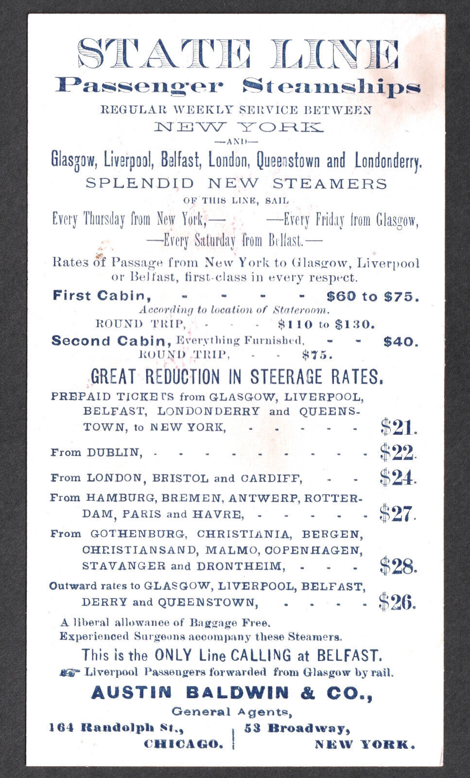 State Line Ship 1800's New York Harbor Castle Garden Steamship Advertising Card