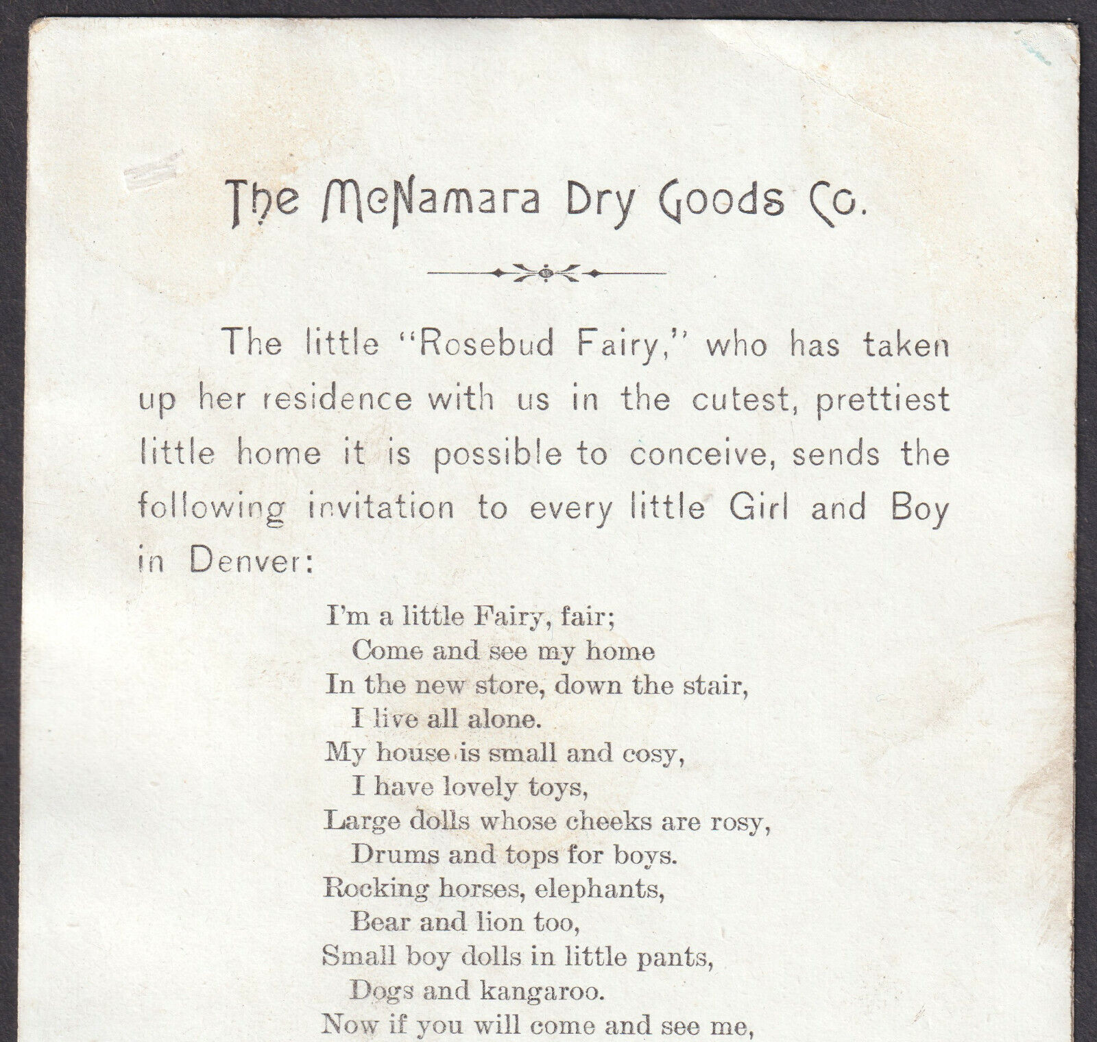 Denver McNamara Dry Goods Store 1800s Rosebud Fairy poem Colorado Victorian Card