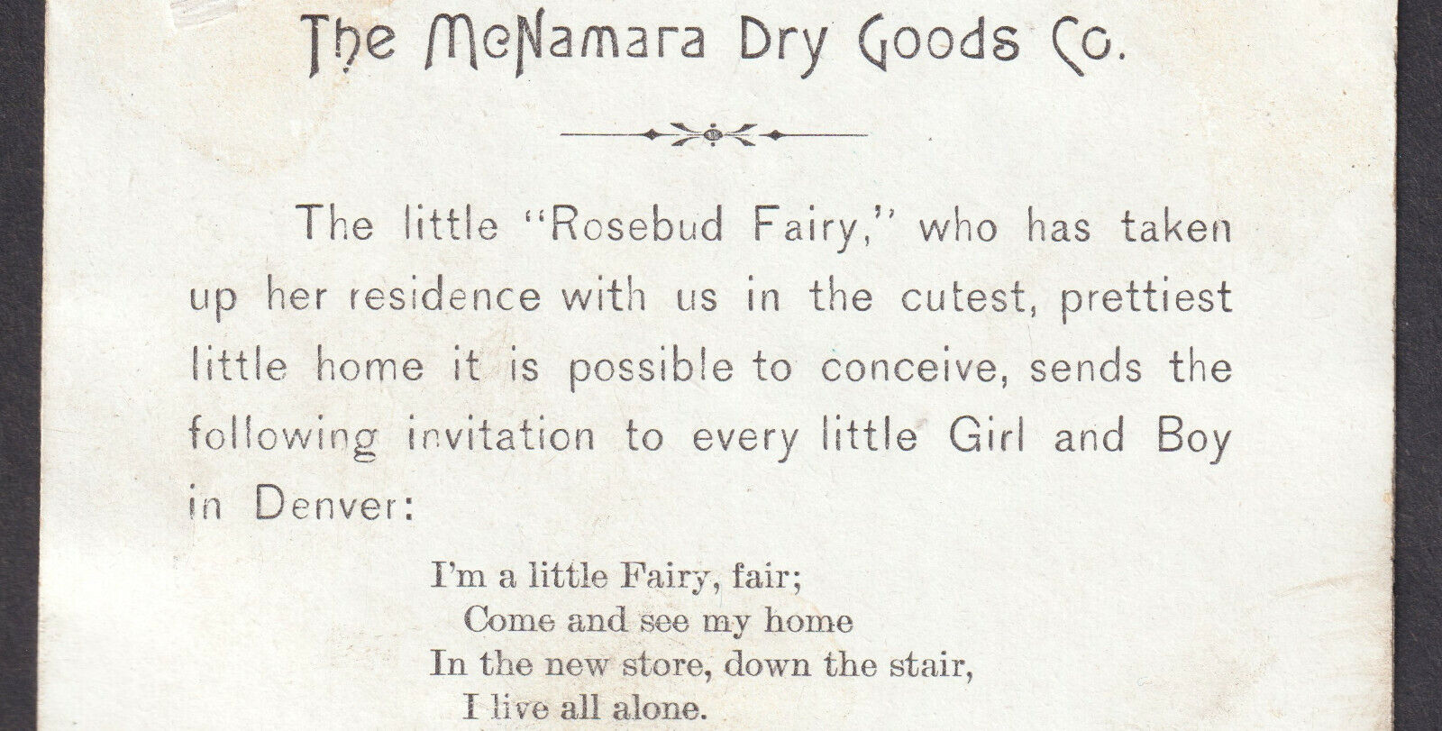 Denver McNamara Dry Goods Store 1800s Rosebud Fairy poem Colorado Victorian Card