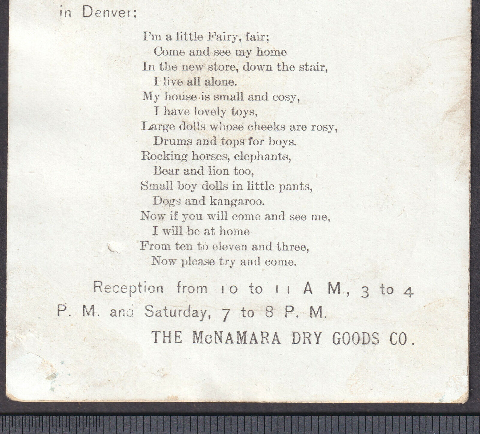 Denver McNamara Dry Goods Store 1800s Rosebud Fairy poem Colorado Victorian Card