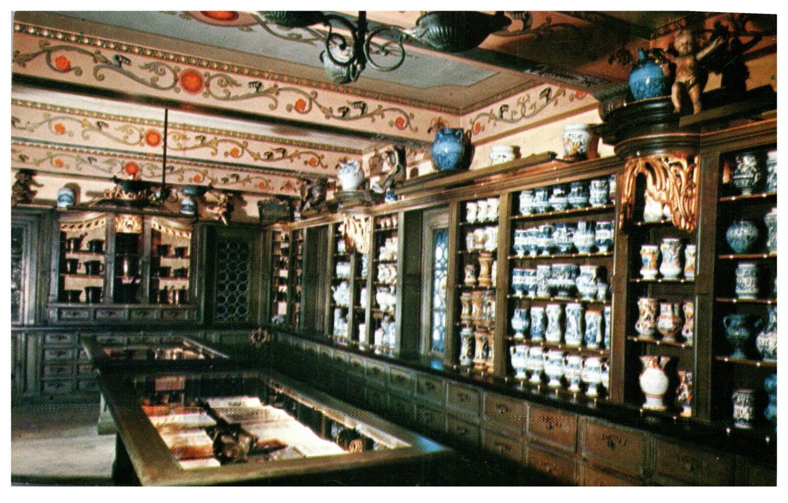 Postcard Old World Apothecary Shop 1700s pharmacy 18th century Chrome era