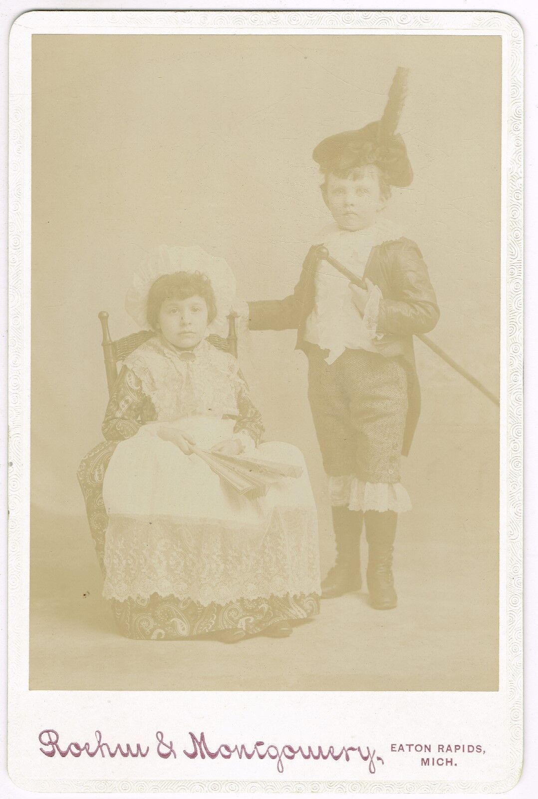 Two Children Dressed In 1700's Attire Eaton Rapids MI 1880's Cabinet Photo