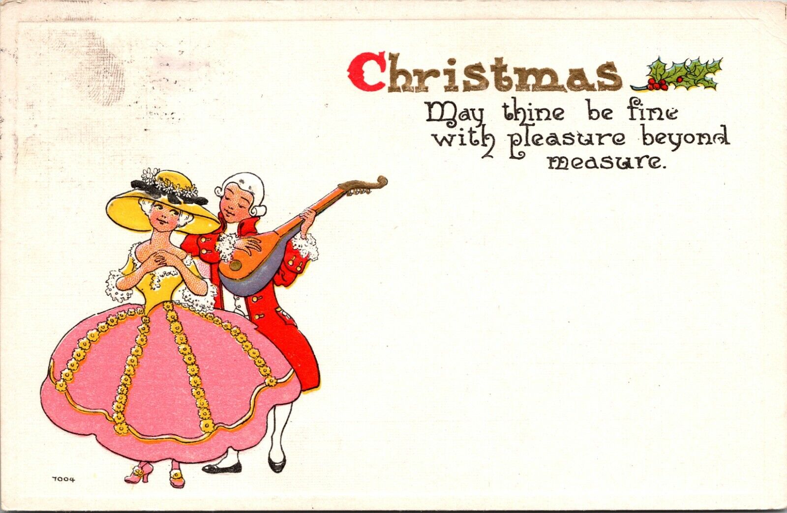 Christmas Greetings Flirty couple in 1700's Clothing 1913 Postcard 3216