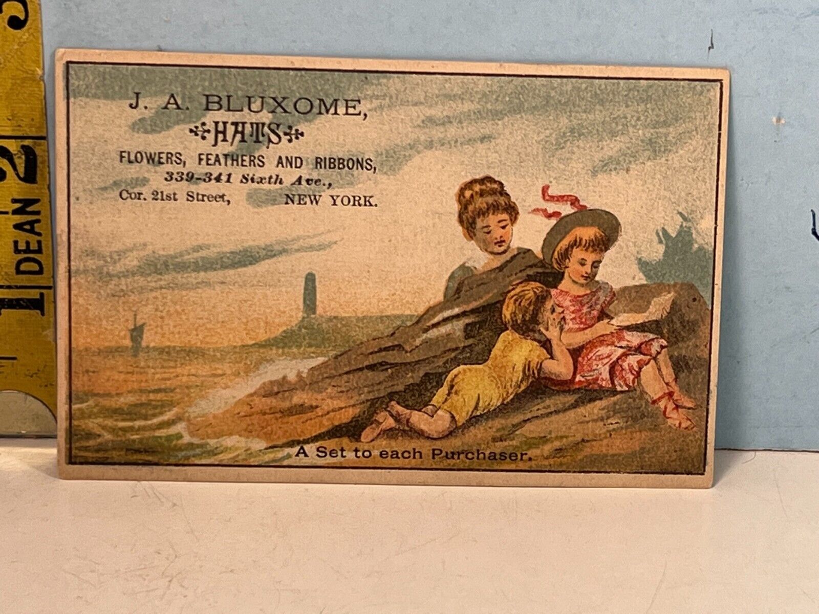 1800's J. A. Bluxome, HATS , Flowers, Feathers and Ribbons, NY Trade Card