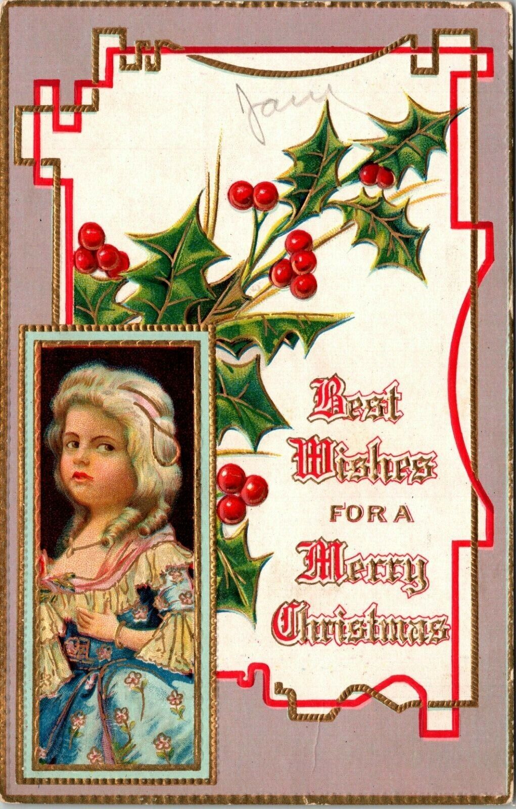 Merry Christmas Woman in 1700's Dress Vignette 1909 Postcard 3206