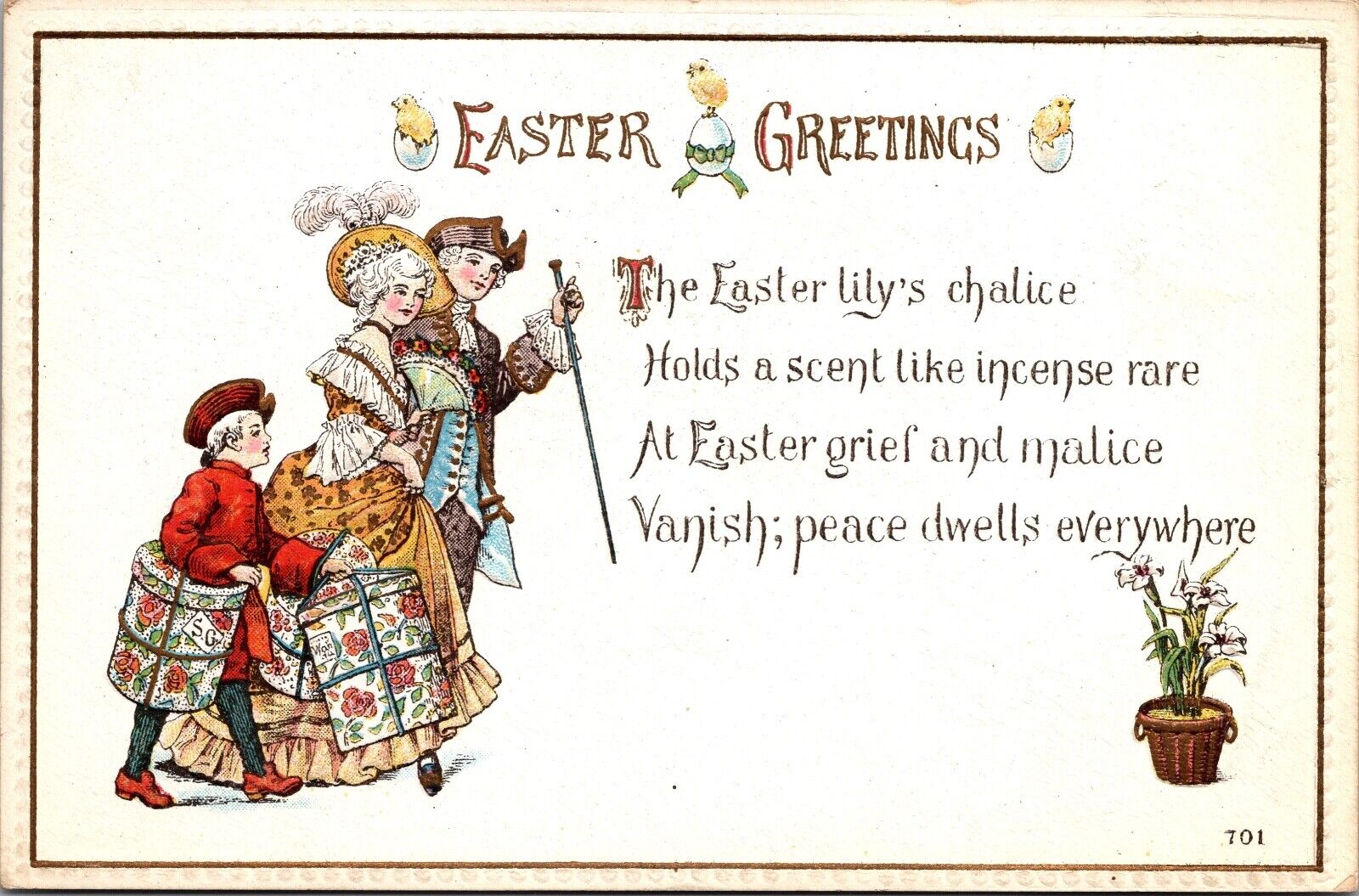 Easter Greetings 1700's Costumed Couple Page Hats Boxes Gown P.UN. WOB (N-207)