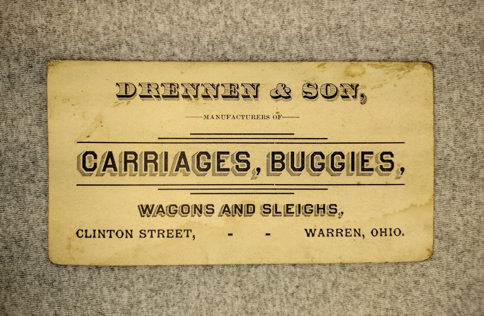 1800s DRENNEN &SON CARRIAGES BUGGIES WAGON SLEIGH business card 2.5"x5" antique!