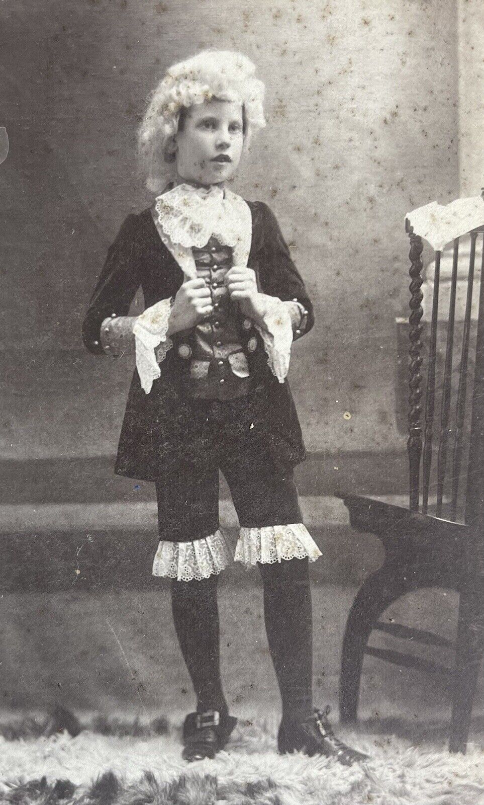 Antique Cabinet Card Boy Dressed In White Wig 1700s Costume Sacramento CA 1870s
