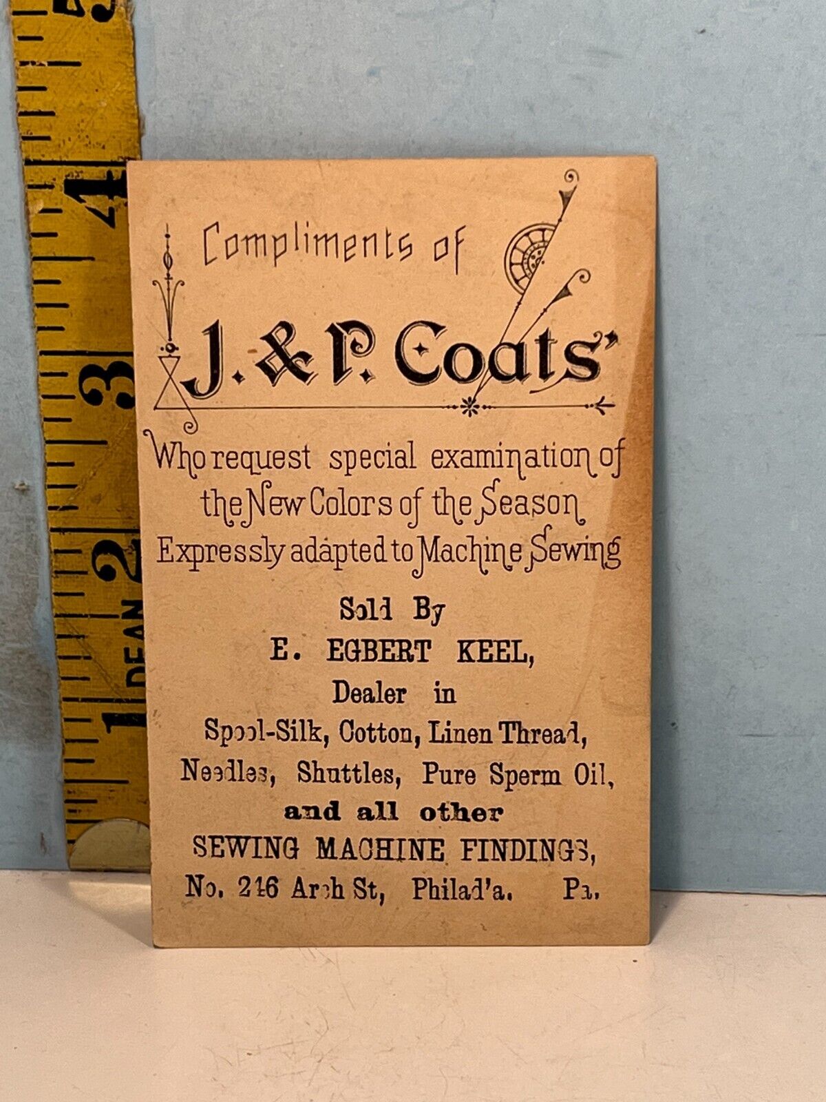 1800's J&P Coats  (sold by E. Egbert Keel) Sewing Mache Findings Trade Card