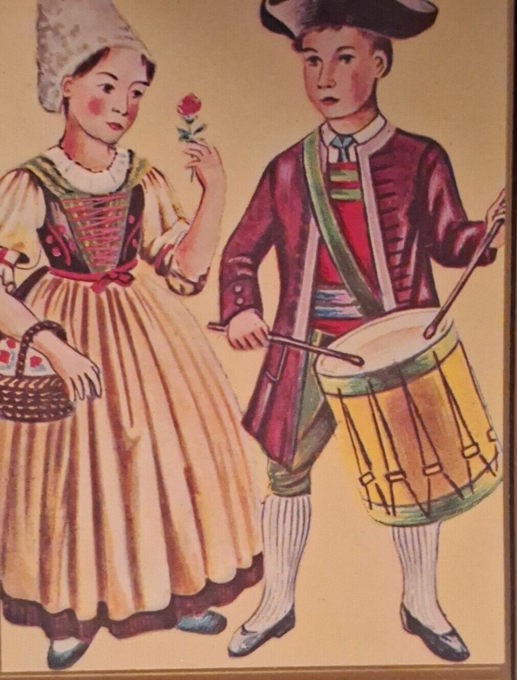 Drummer Boy and Girl Embossed Victorian Era 3.5" Label Chrome
